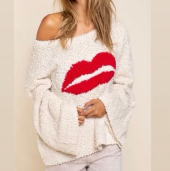 Sweaters - Kiss Me Down Cream Popcorn Lips Sweater